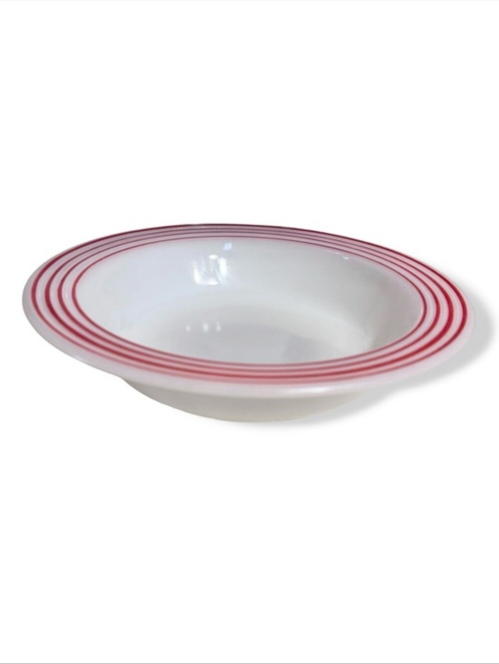 HAZEL ATLAS Moderntone Platonite Red Striped Milk Glass Bowl 8” VINTAGE MCM
